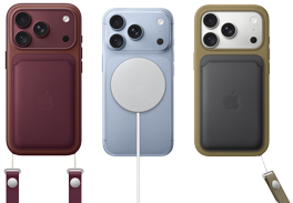 iPhone 18 Pro, back exterior, Burgundy, FineWoven Wallet with MagSafe in Burgundy; iPhone 18 Pro , back exterior, Glacier, with Magsafe Battery; iPhone 18 Pro, back exterior, Silver color, with Silicone Case in Green color and MagSafe Charger