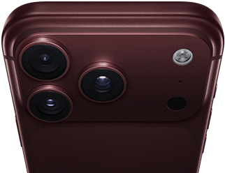 iPhone 18 Pro Max, burgundy color (dark red), back exterior, Pro Fusion camera system at top, 3 lenses, variable aperture blades partially closed, flash, microphone and LiDAR Scanner, top exterior, cellular antenna, flat sides, rounded edges