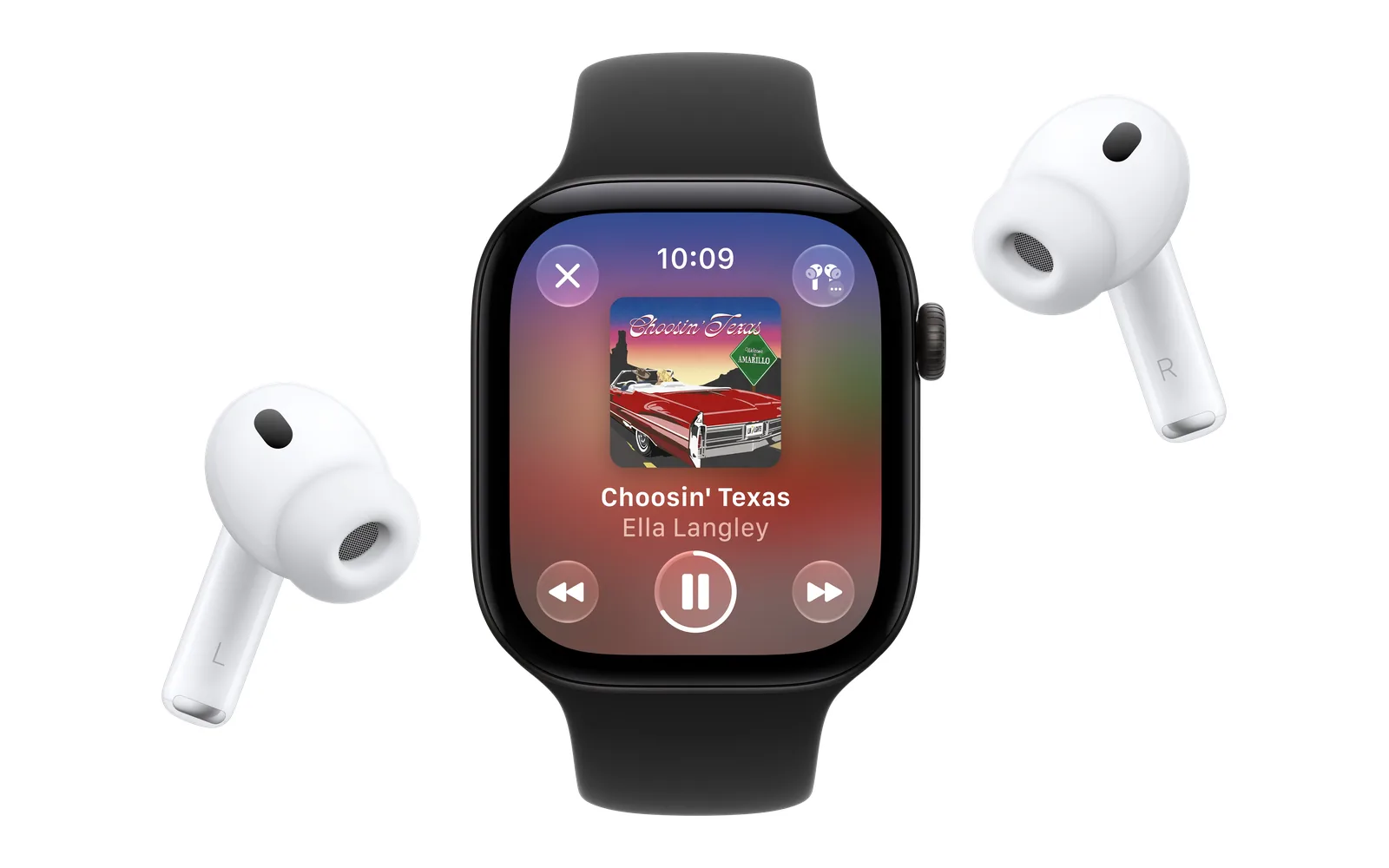 Apple Watch Series 12 playing a song in Apple Music, with AirPods Pro 3