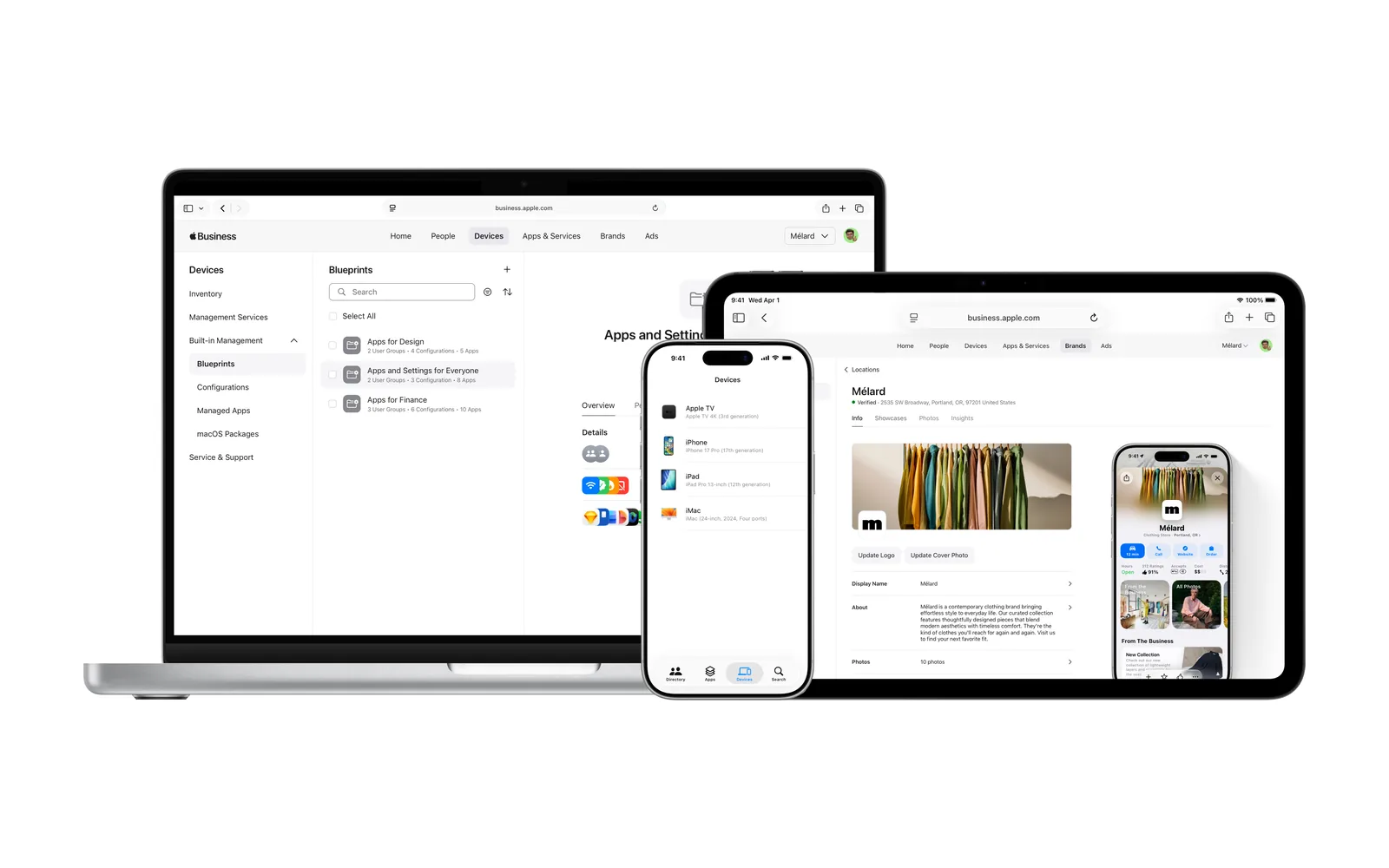 Apple Business Devices screen on MacBook, iPad and iPhone