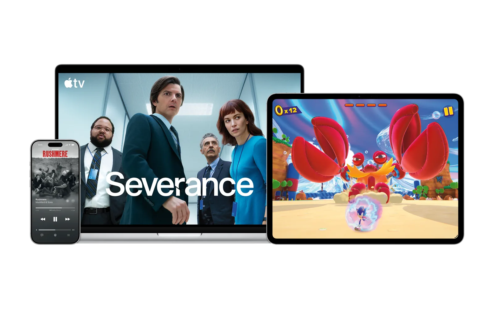 iPhone 17 Pro, MacBook Pro and iPad Pro showing Apple One services