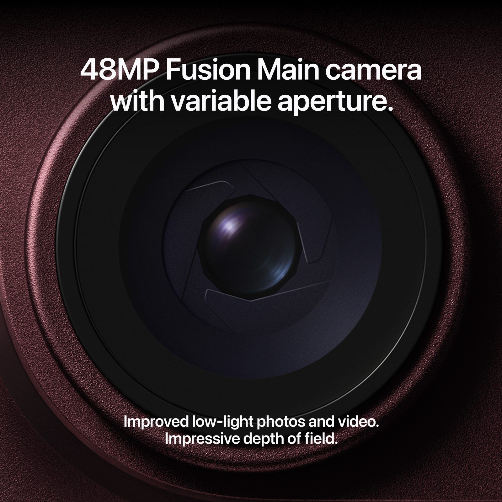 48MP Fusion Main camera with variable aperture. Improved low-light photos and video. Impressive depth of field.