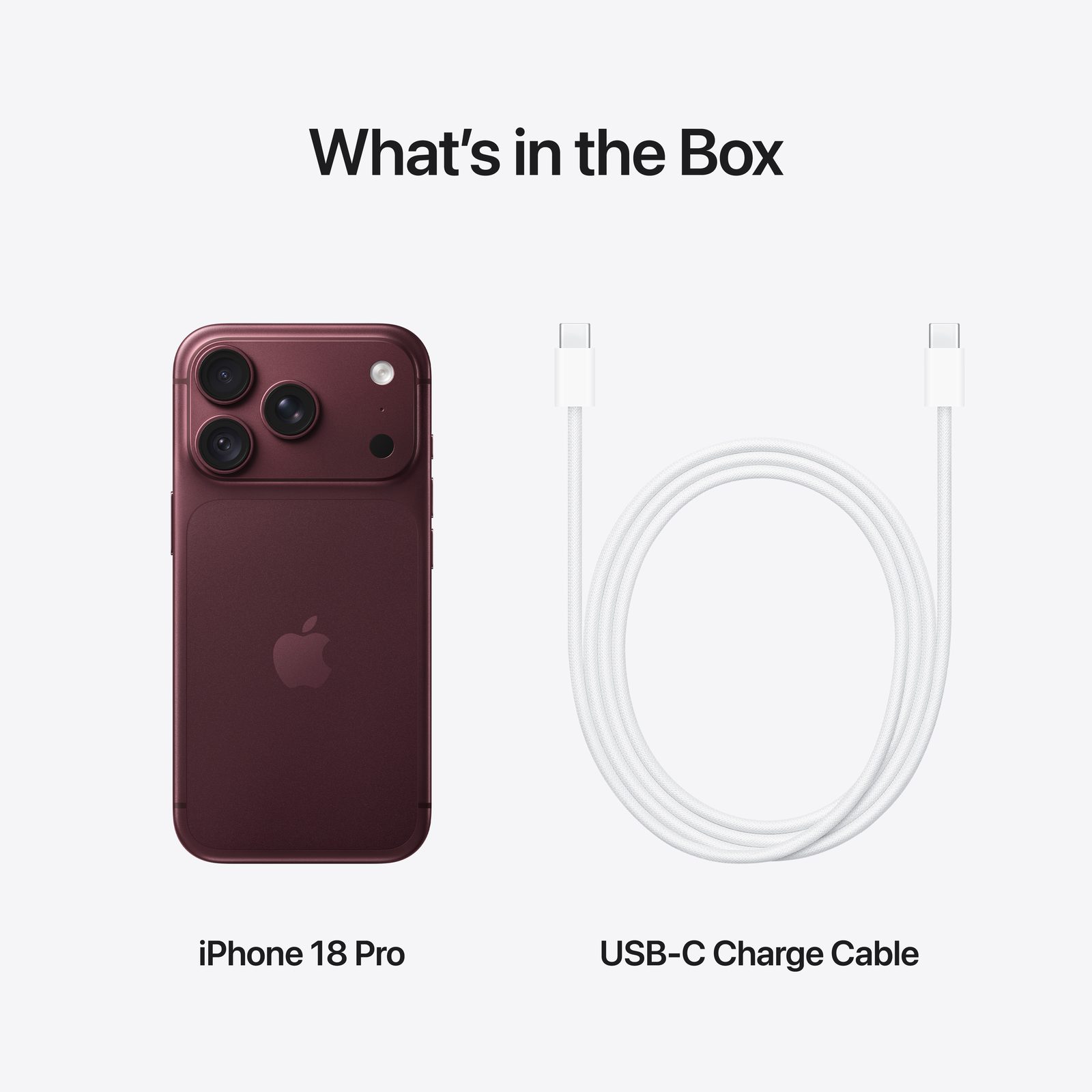 What's in the box: iPhone 18 Pro and USB-C Charge Cable.