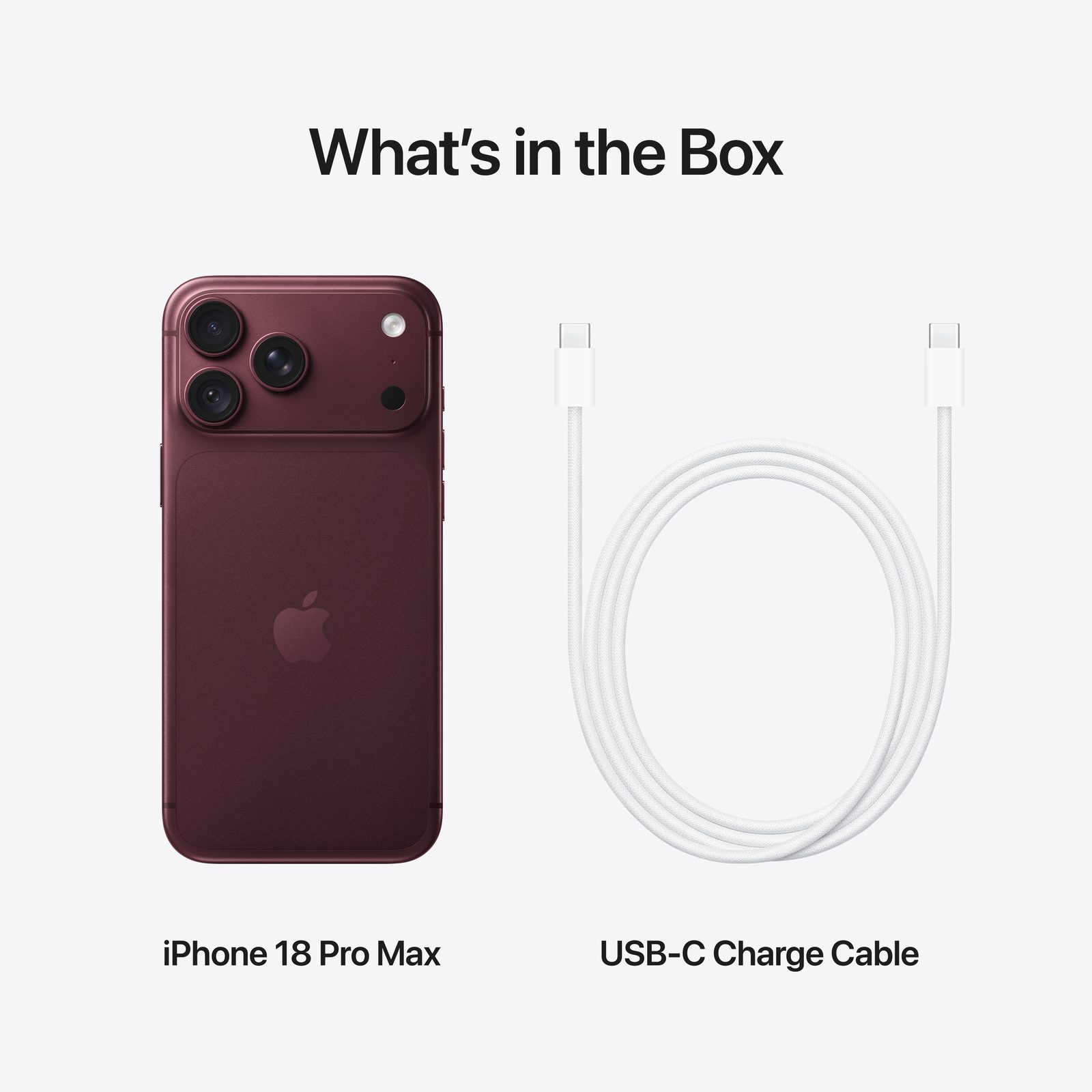 What's in the box: iPhone 18 Pro Max and USB-C Charge Cable.