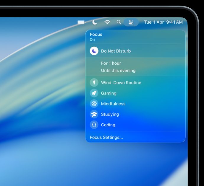 The Focus menu open on a MacBook, with Do Not Disturb, Studying and other modes