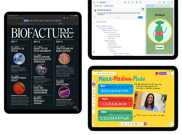 Three iPad screens: a magazine layout, a coding lesson and a maths worksheet