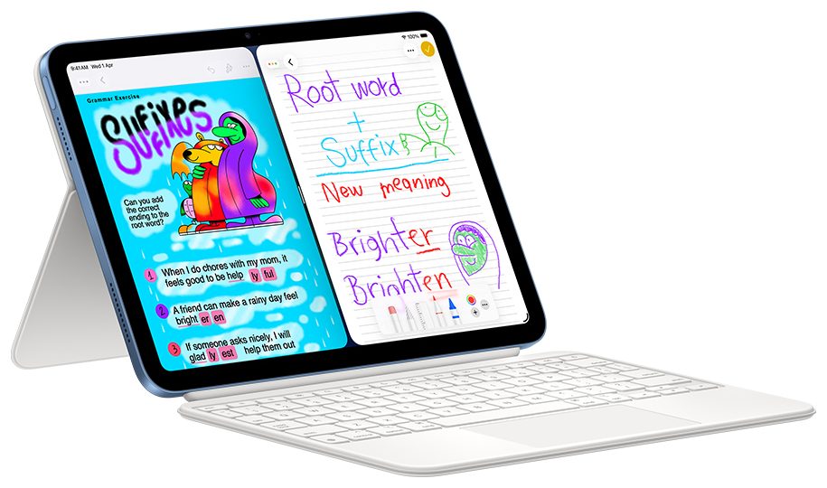 iPad with Magic Keyboard Folio showing a grammar lesson and handwritten notes