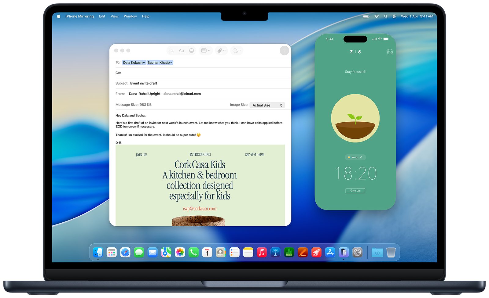 MacBook Air showing Mail beside a mirrored iPhone screen
