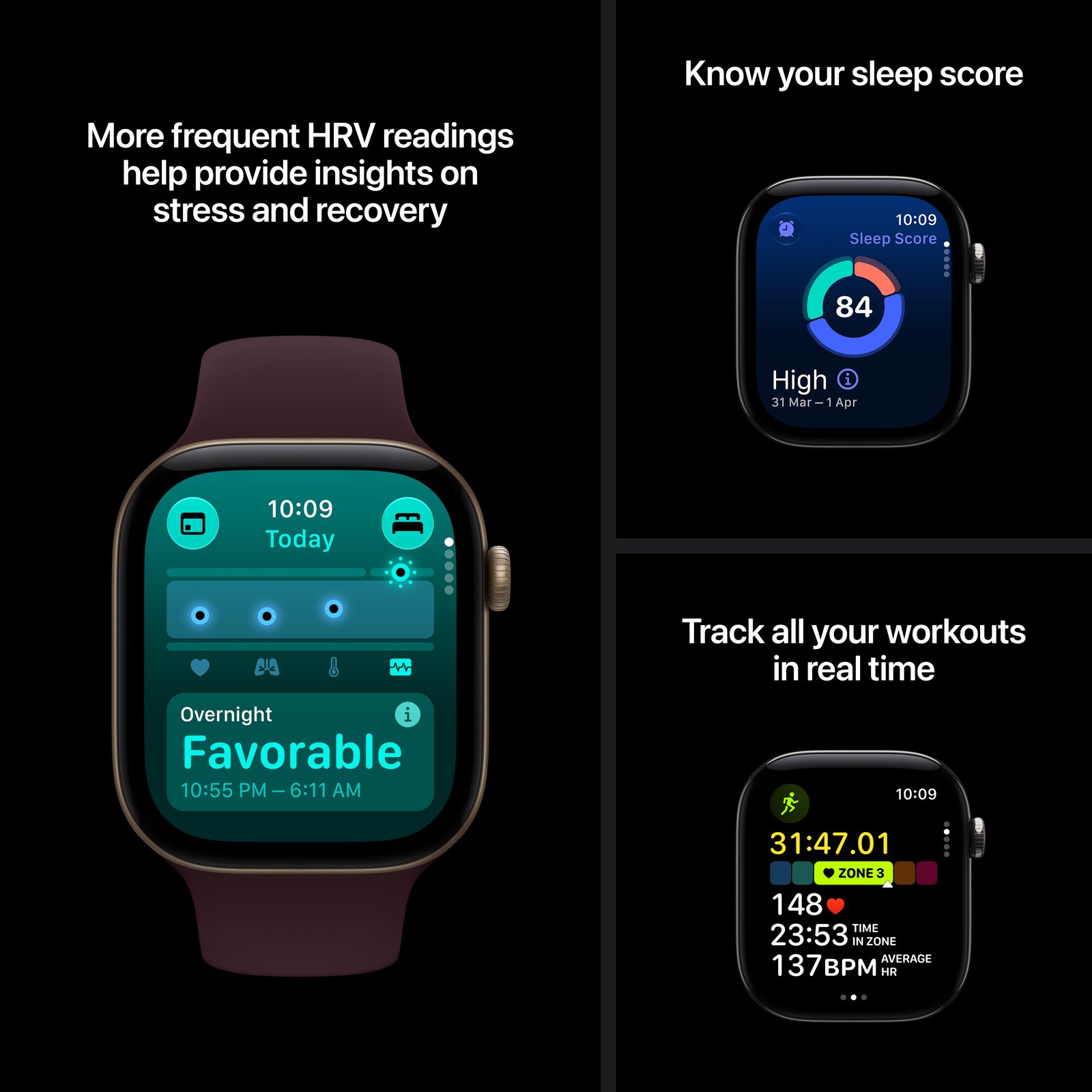 More frequent HRV readings help provide insights on stress and recovery. Know your sleep score. Track all your workouts in real time.