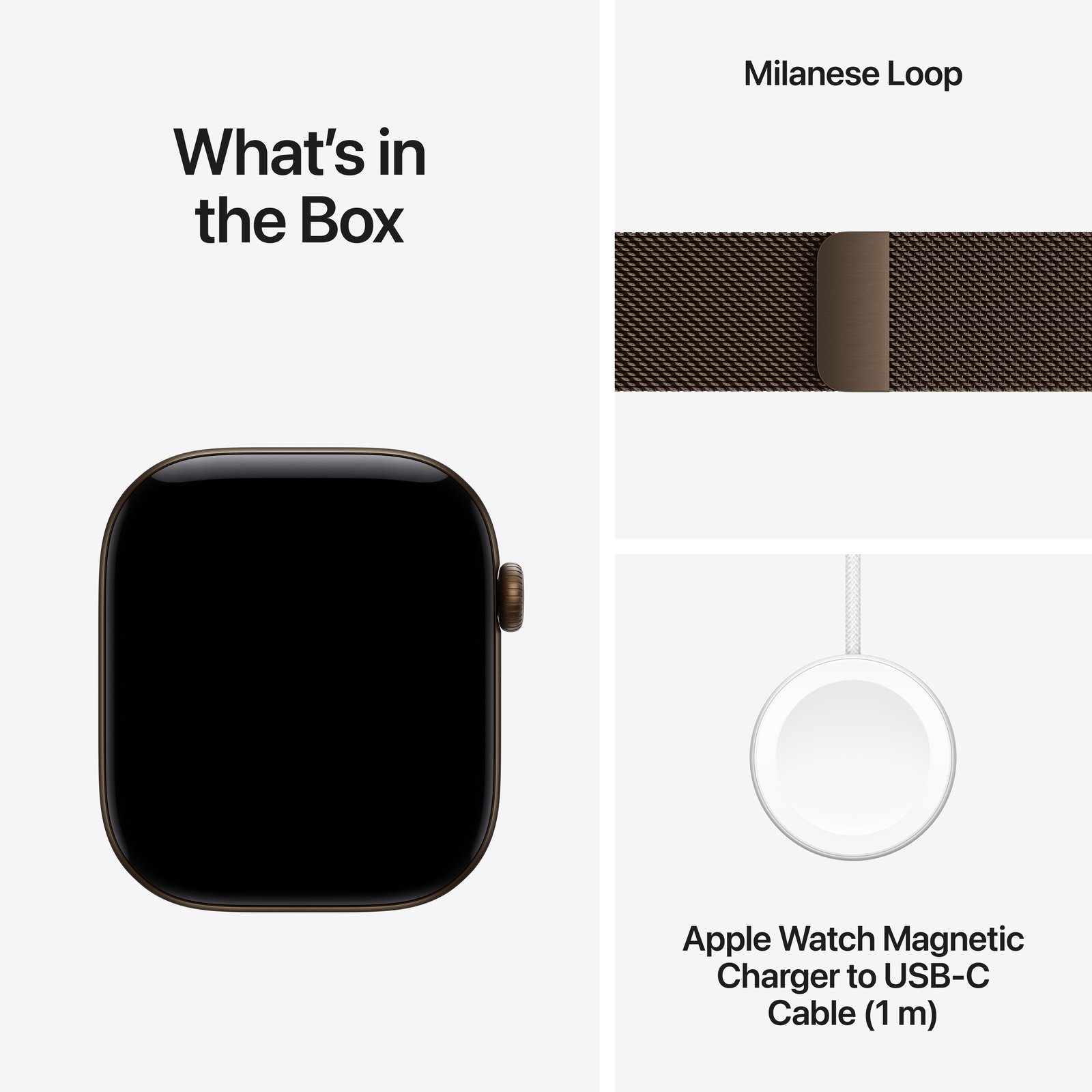 What's in the Box: Apple Watch Series 12, Milanese Loop and Apple Watch Magnetic Charger to USB-C Cable (1 m).