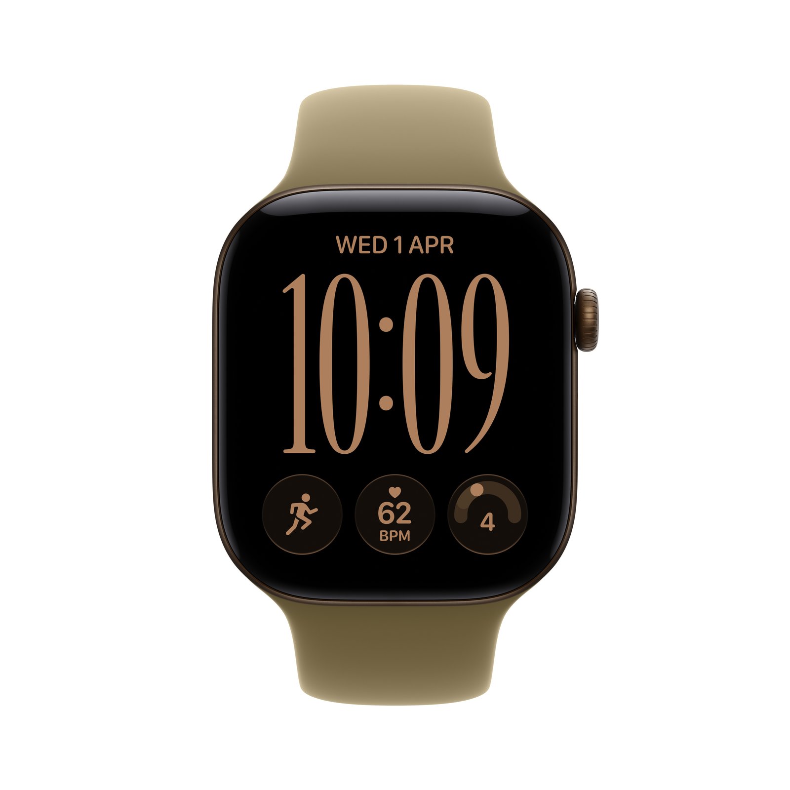 Apple Watch Series 12 in Dark Bronze aluminium with an Olive Sport Band.
