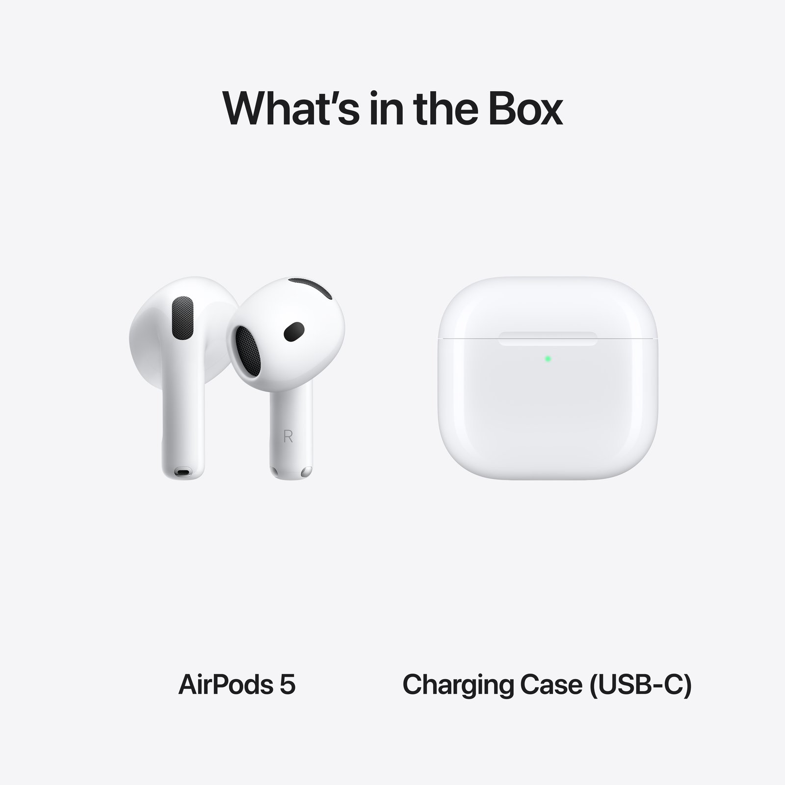What's in the Box: AirPods 5 and Charging Case (USB-C).