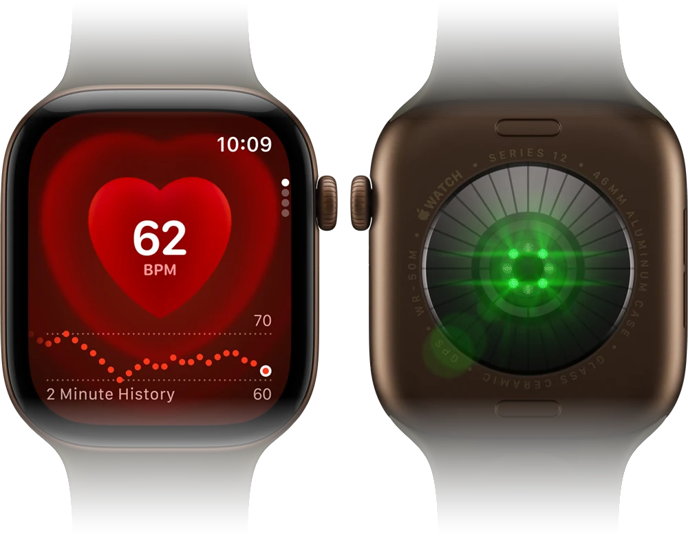 Apple Watch Series 12 in Dark Bronze aluminium: heart rate on the front, the sensor on the back.