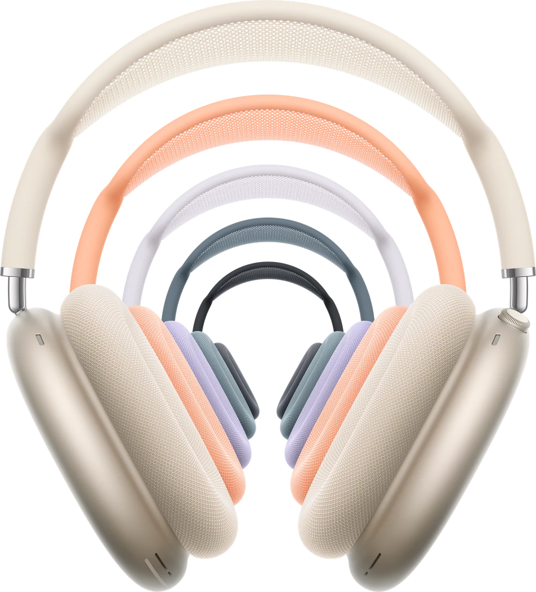 AirPods Max in Starlight, Orange, Purple, Blue and Midnight.