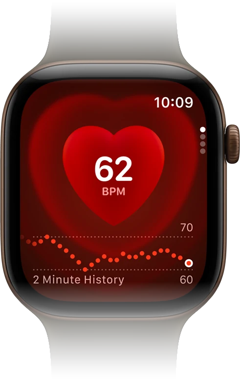 Apple Watch Series 12 in Dark Bronze aluminium, heart rate on the display.