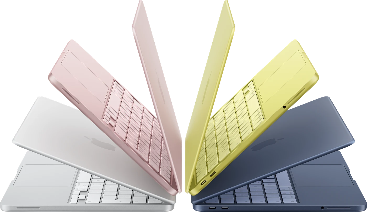 MacBook Neo in Silver, Blush, Citrus and Indigo.
