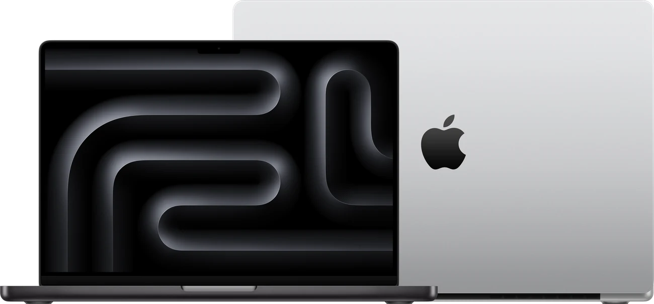 MacBook Pro 14-inch in Space Black in front of MacBook Pro 16-inch in Silver.