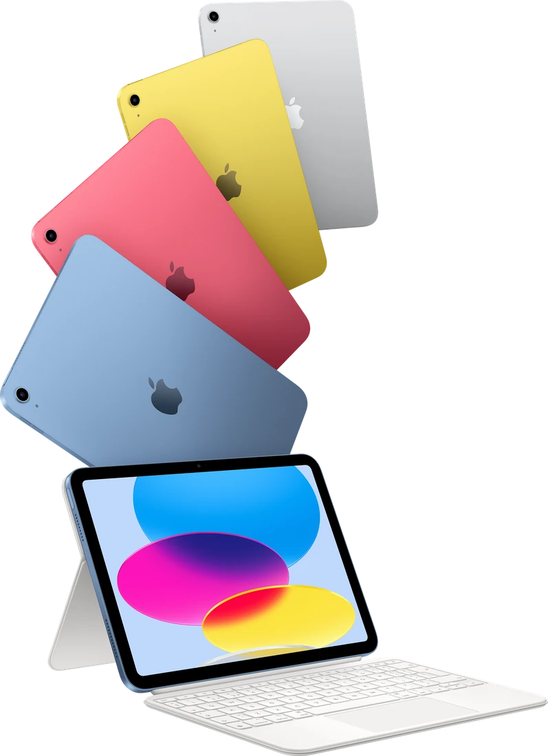 iPad in Silver, Yellow, Pink and Blue, and with Magic Keyboard Folio.