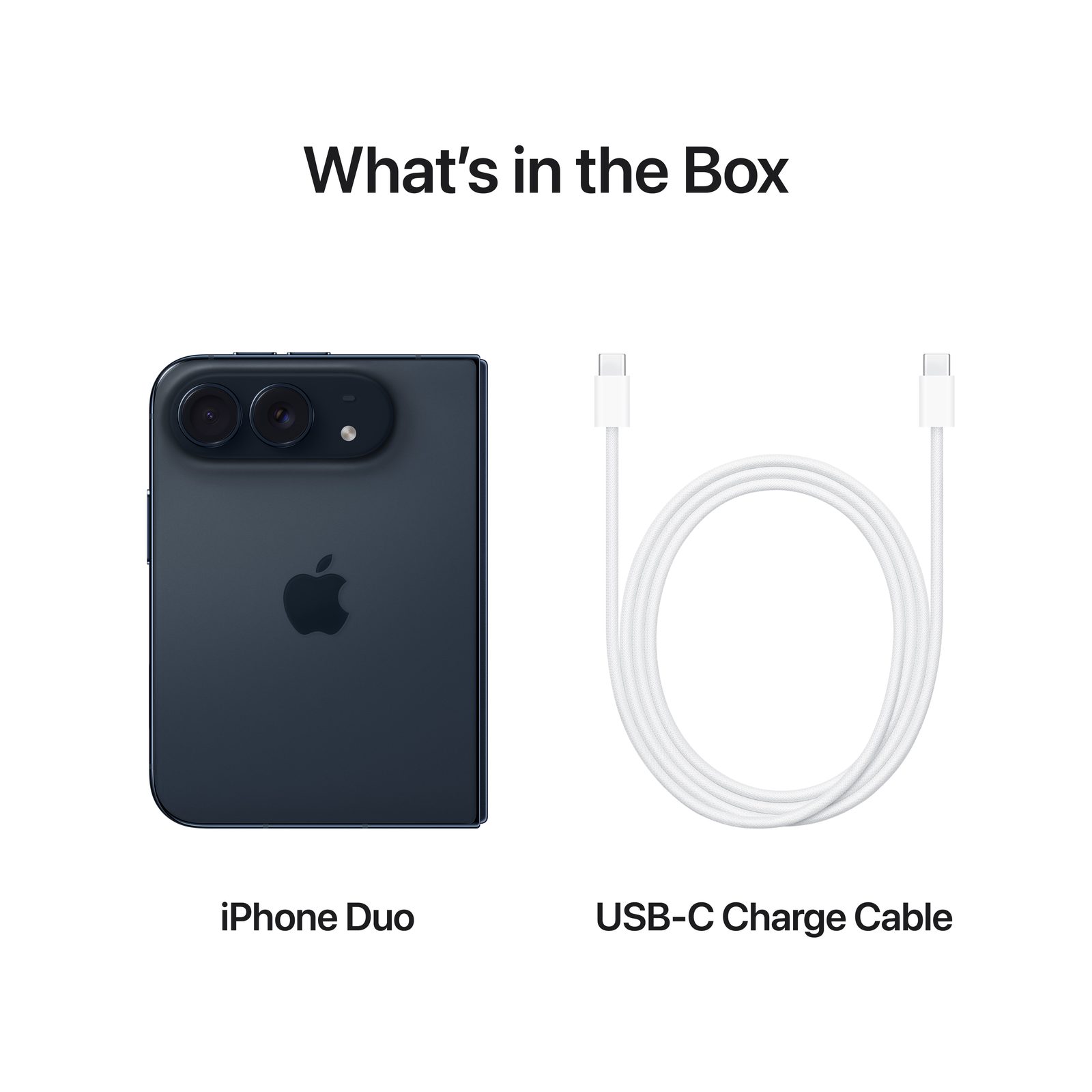 What's in the Box: iPhone Duo and USB-C Charge Cable, shown in Night Sky.