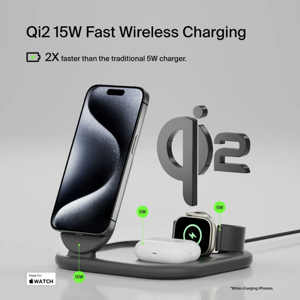 belkin BoostCharge 3-in-1 Magnetic Foldable Wireless Charger with Qi2 15W Black-7.webp