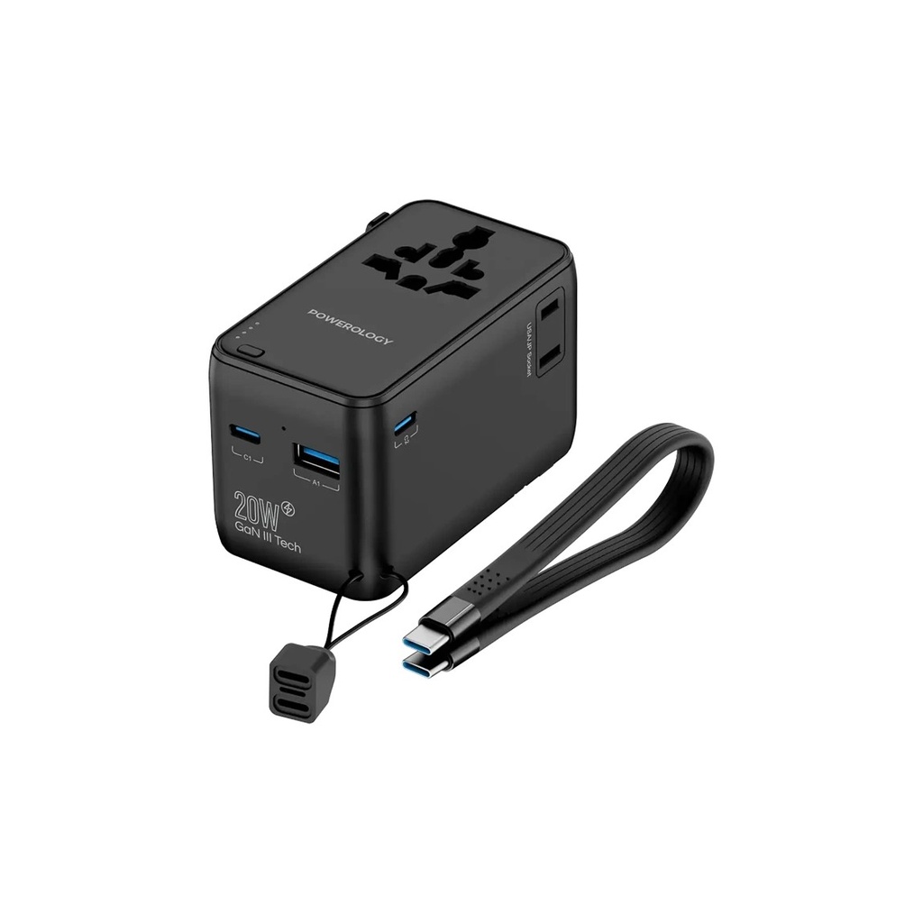 Powerology 2500W Universal Travel Adapter with 4000mAh Power Bank - Black