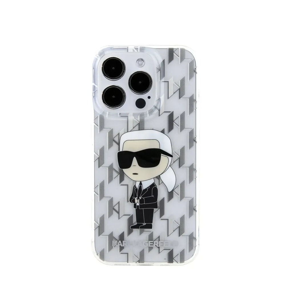 Karl Lagerfeld iPhone 16 Pro Hard Case MagSafe Compatible Monogram Karl And Choupette Heads Metal Design - Clear