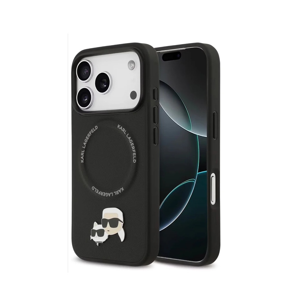 [73301201] KARL LAGERFELD PU LEATHER CASE WITH KARL & CHOUPETTE HEAD PINS FOR IPHONE 17 PRO - BLACK