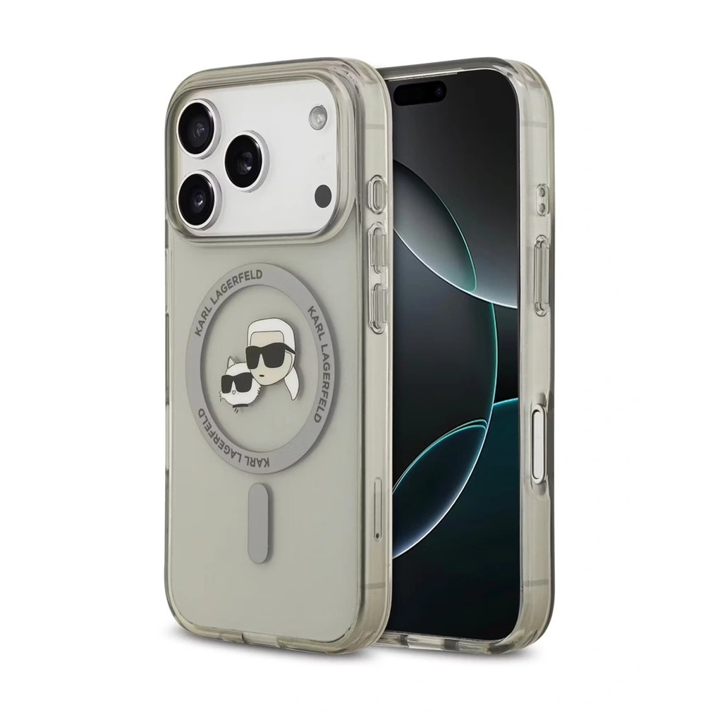 [73304901] Karl Lagerfeld MagSafe IML Case with Printed Karl & Choupette Heads for iPhone 17 Pro Max Comfortable Grip – Transparent Gray