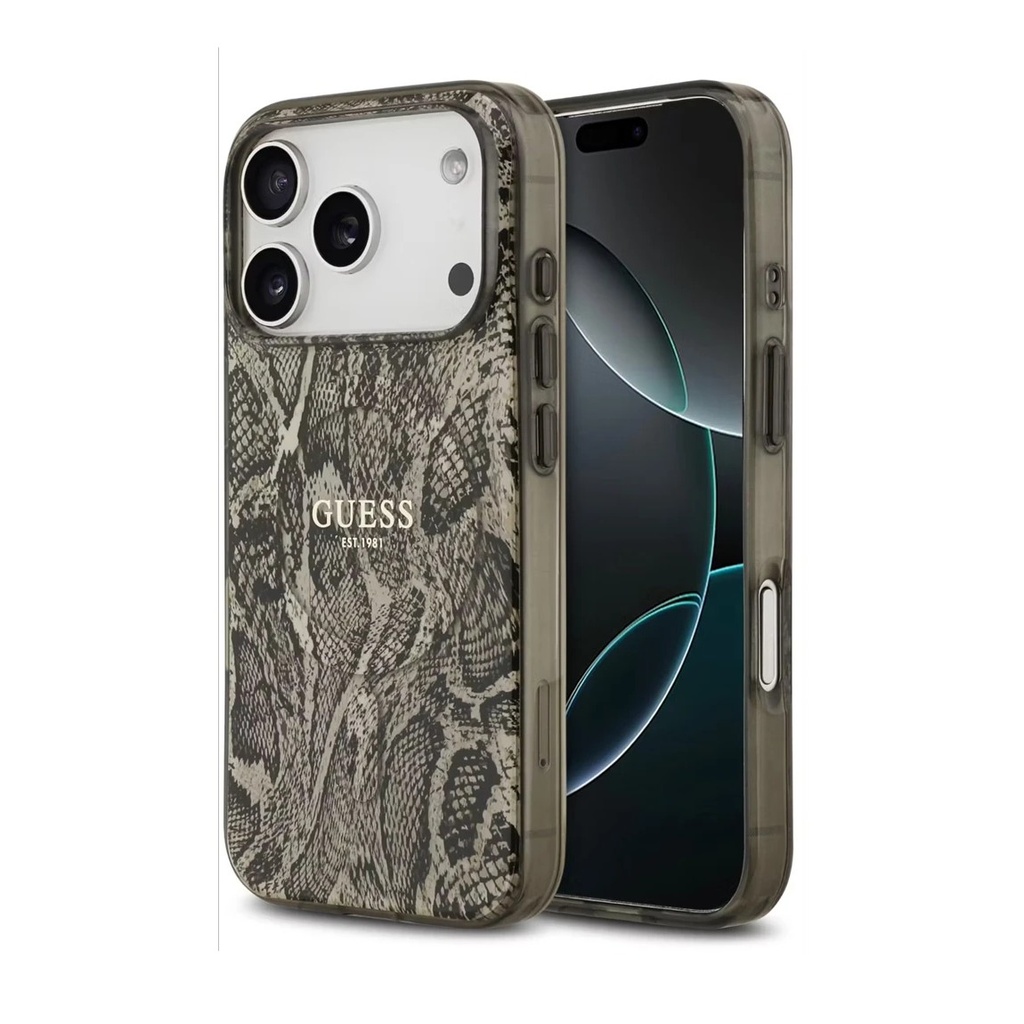 Guess Compatible with iPhone 17 Pro Max Case, PC+TPU Case with Python Pattern Design & Classic Logo, Compatible with MagSafe, Shock- Brown