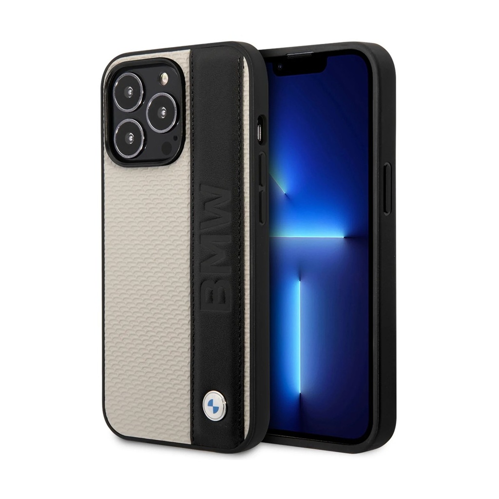 [71502201] BMW Signature Collection Genuine Leather Case With Textured & Big Logo Stripe For iPhone 14 Pro Max - Beige