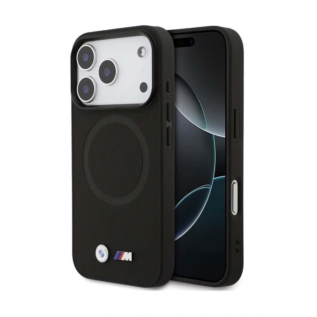 BMW MagSafe Full Wrapped Leather Case With Metal Logos For iPhone 17 Pro Max - Black