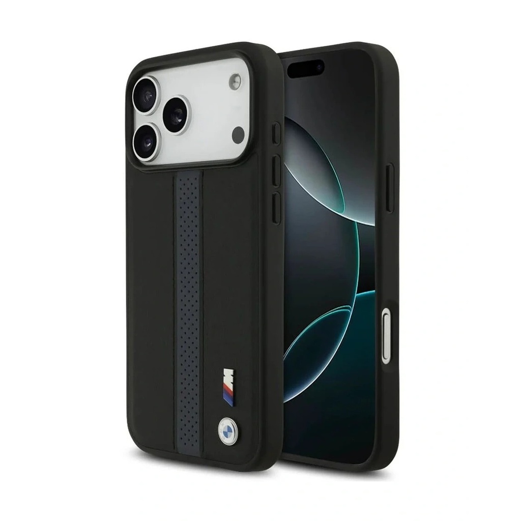 [71501901] BMW PU Leather Case With Perforated Stripes & Metal Logos For iPhone 17 Pro Max - Black/Blue