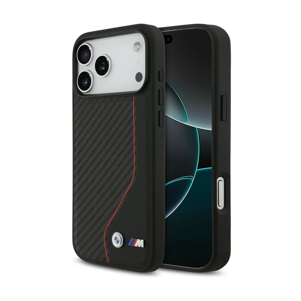 [71502701] BMW iPhone 17 Pro Max Back cover case - PU Leather & Carbon Case With Red Line Stitch - Black
