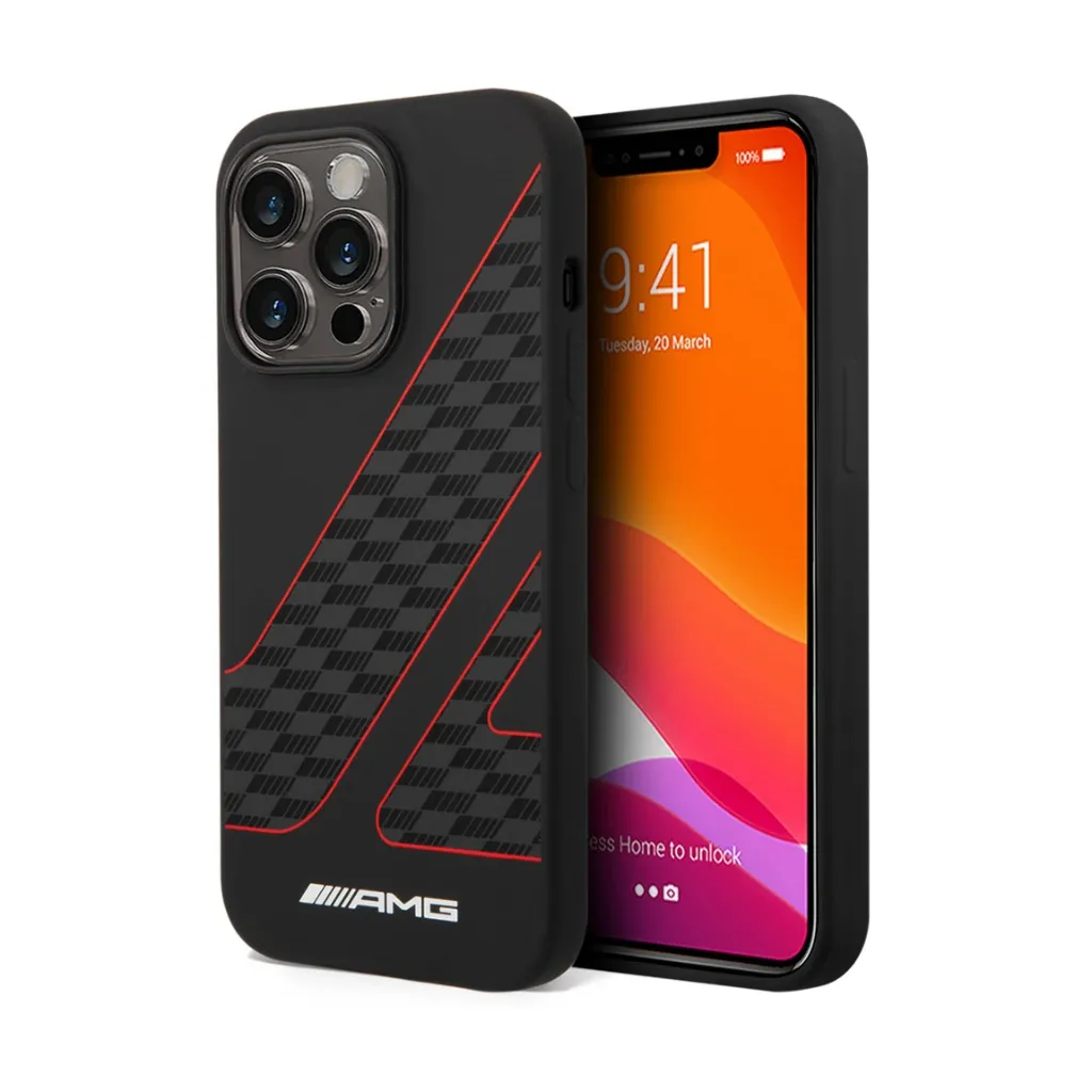 [70900401] AMG Magsafe Double Layer Checkered Flag Pattern Transparent Hard Case For iPhone 14 Pro Max - Black/Red