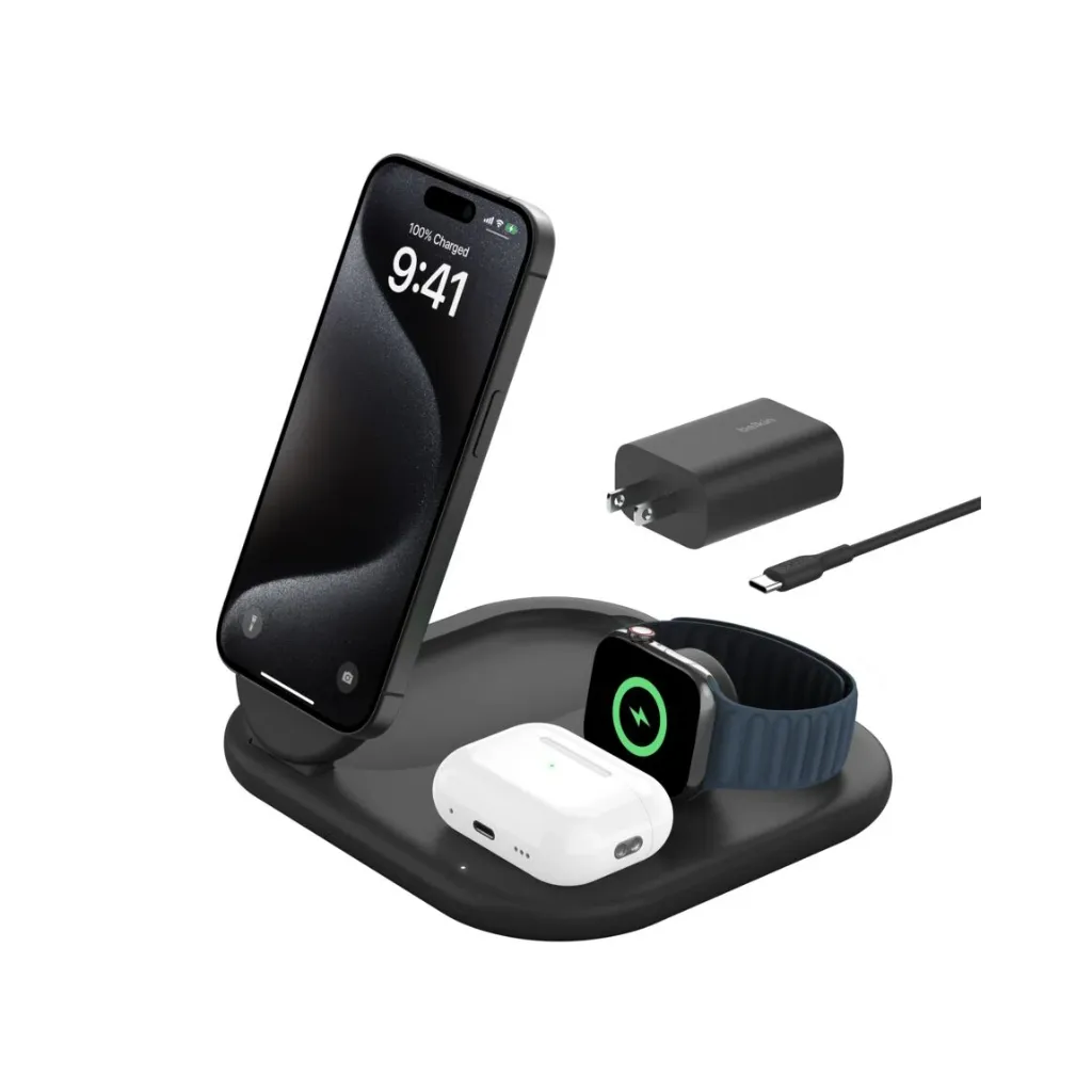 Belkin BoostCharge 3-in-1 Magnetic Foldable Wireless Charger with Qi2 15W (Black)