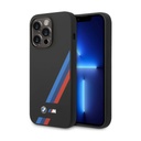 BMW M Collection Liquid Silicone & Case With Slanted Tricolor Stripes Printed Logo For iPhone 14 Pro Max - Black