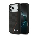 BMW iPhone 17 Pro Max Back cover case - PU Leather & Carbon Case With Red Line Stitch - Black